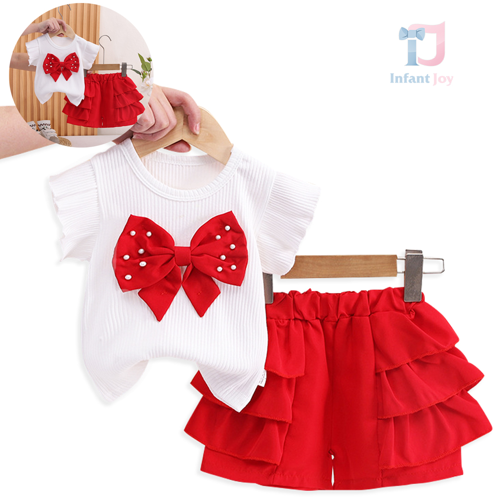 Set de 2 piese format din tricou din material rib cu volane, fundă 3D și pantaloni scurți Ribbon With Pearls Red