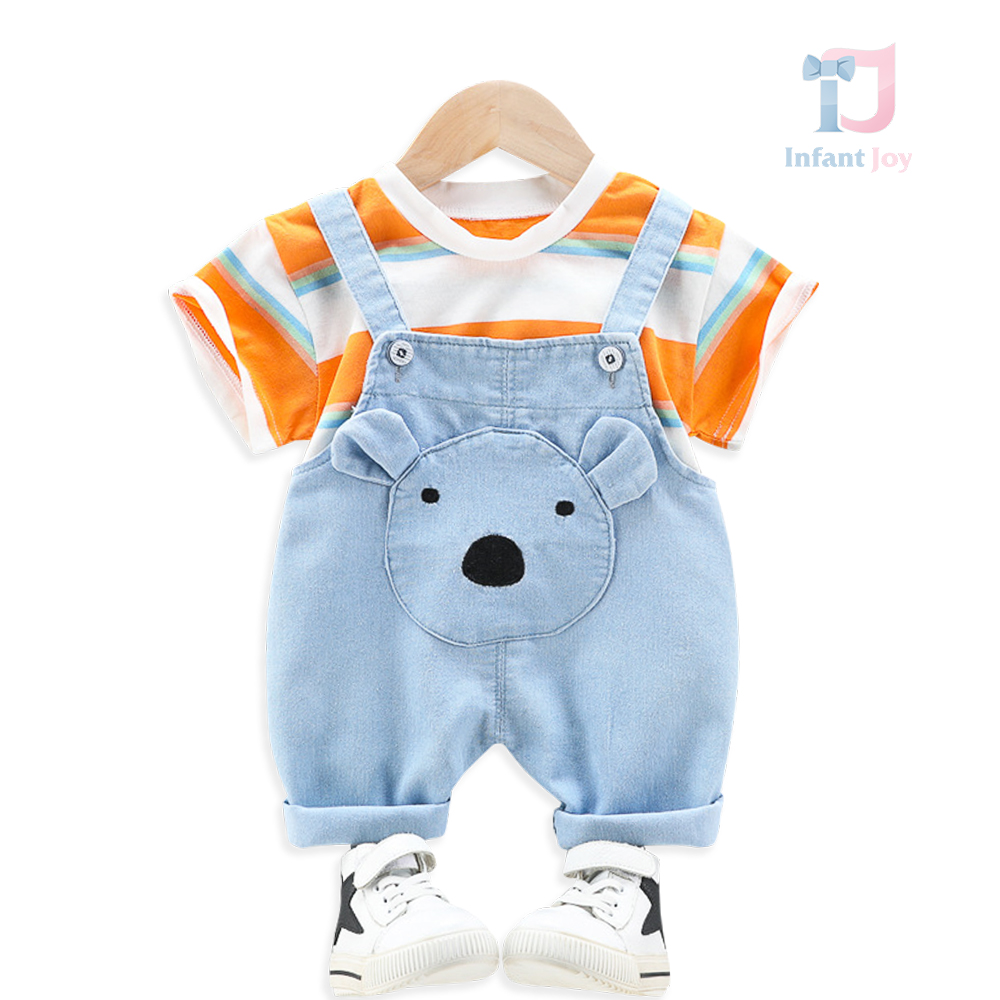 Set de 2 piese format din tricou și salopetă scurtă din denim cu elemente 3D Baby Bear Orange