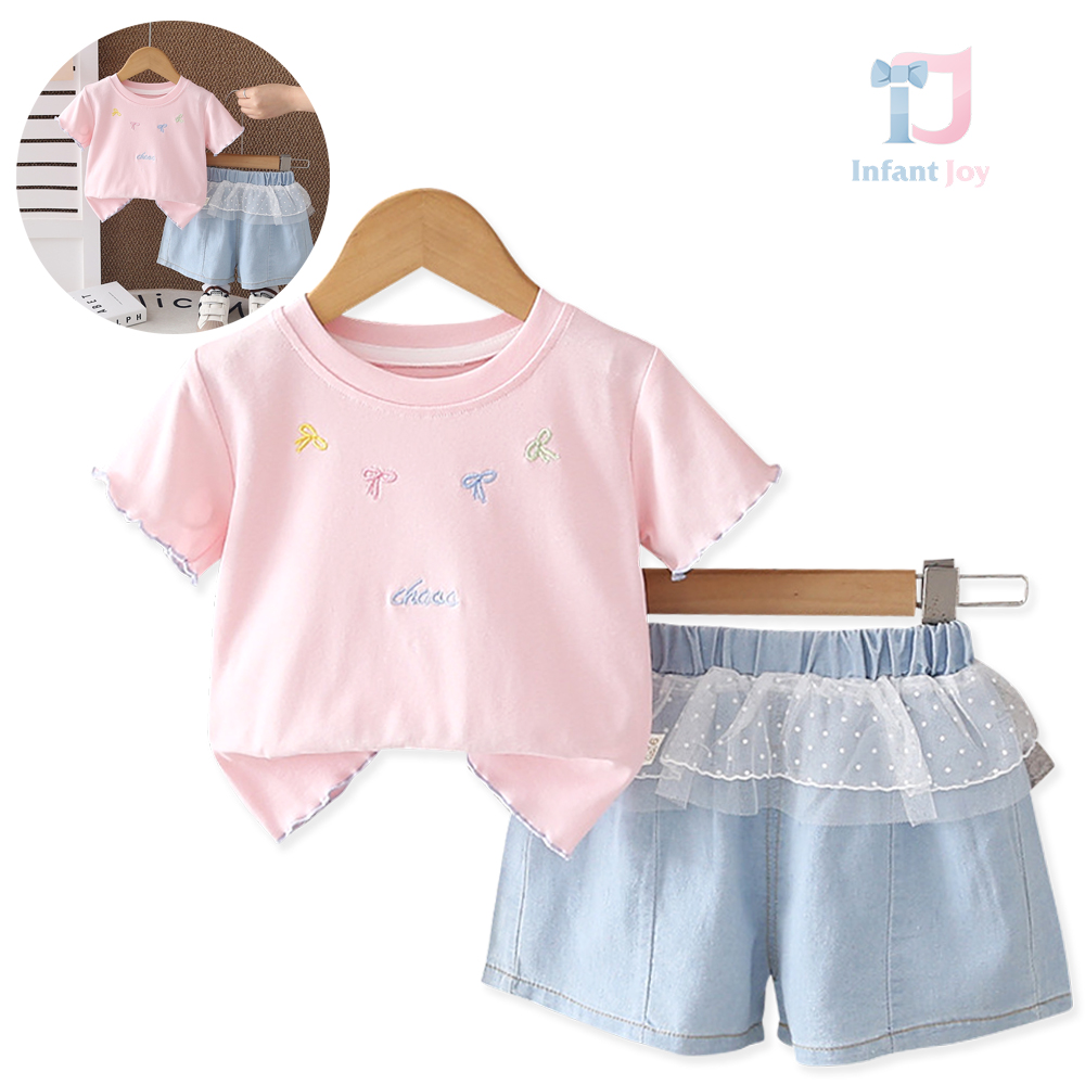 Set de 2 piese format din tricou cu broderii și pantaloni scurți din denim cu volane din tul Bella Chao Pink