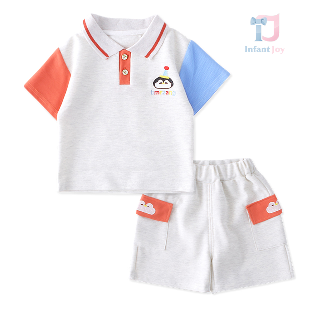 Set de 2 piese din tricou cu guler clasic și pantaloni scurți cu broderii Mini Penguin