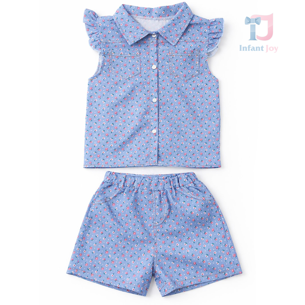 Set floral din denim de 2 piese din cămașă cu mânecă scurtă, guler clasic și pantaloni Miniature Flowers
