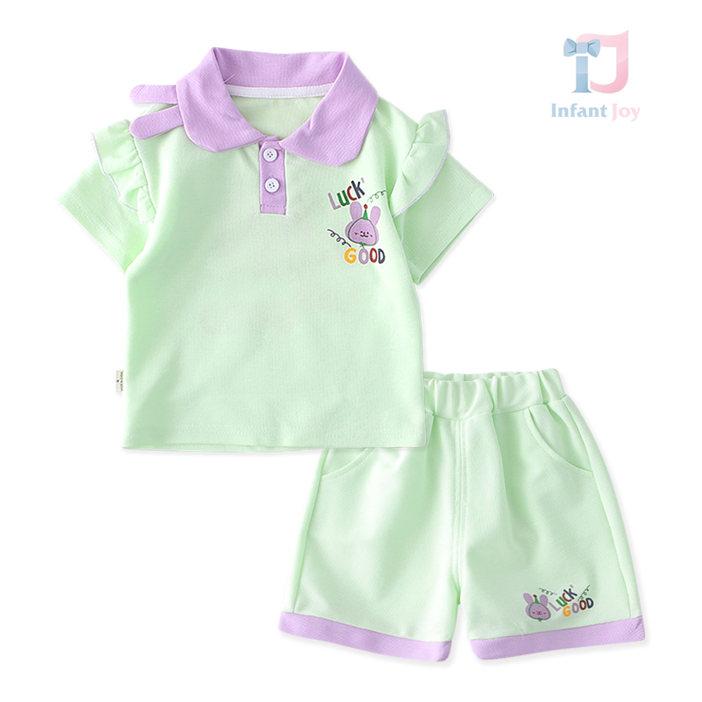 Set de 2 piese din tricou cu guler clasic, elemente 3D și imprimeuri Good Luck