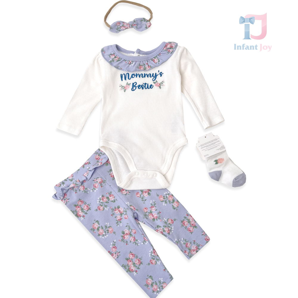 Set de 4 piese format din body cu broderii, colanți florali, bentiță pentru cap și șosete Mommy`s Bestie