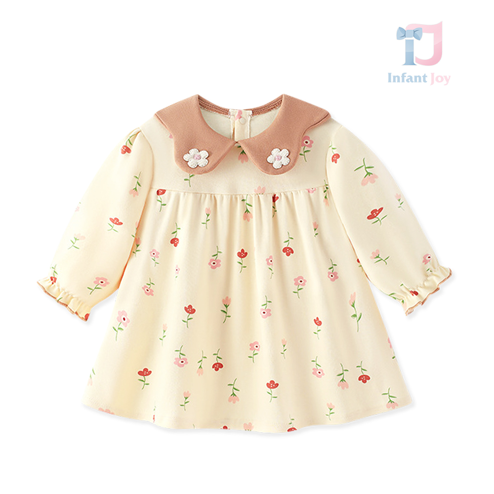 Rochie cu mâneci bufante, guler extravagant și aplicații Flowerhop Camel