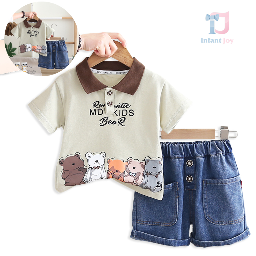Set de 2 piese din tricou cu guler clasic, model imprimat și pantaloni scurți din denim Bear Society Green