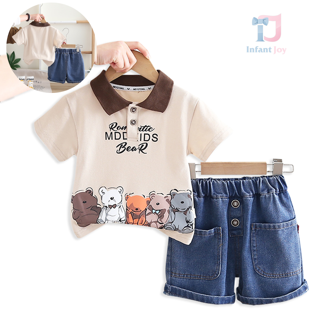 Set de 2 piese din tricou cu guler clasic, model imprimat și pantaloni scurți din denim Bear Society