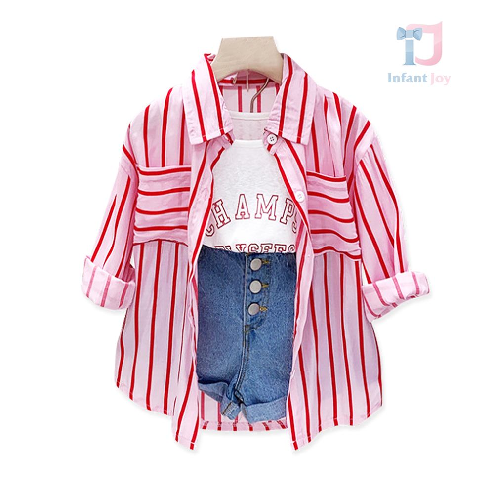 Set modern de 3 piese din cămașă în dungi, top și pantaloni scurți din denim Champs Pink