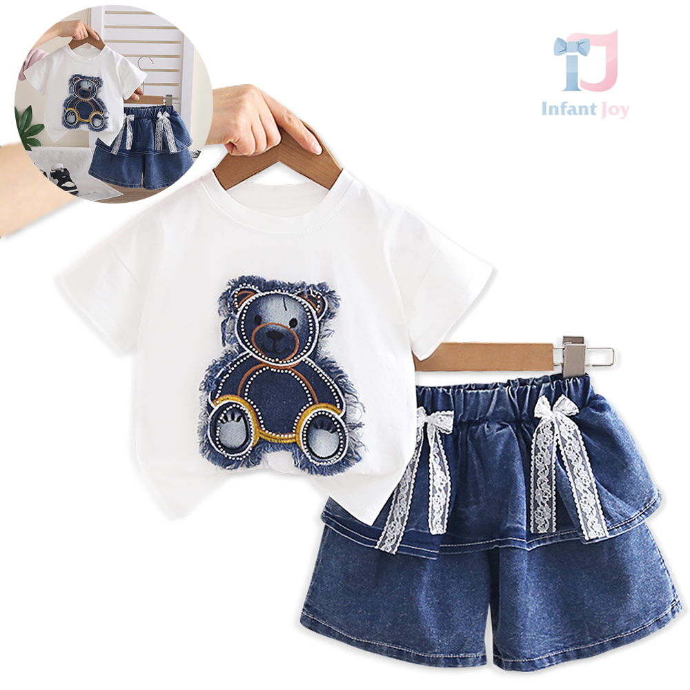 Set de 2 piese din tricou cu aplicație modernă și pantaloni scurți din denim cu funde 3D din dantelă Drizzle Girl