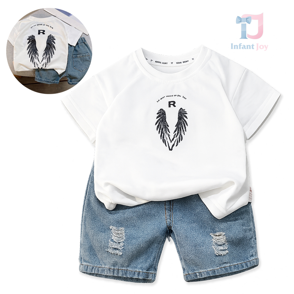 Set modern de 2 piese din tricou cu imprimeu și pantaloni scurți din denim cu zone uzate Dusty Denim