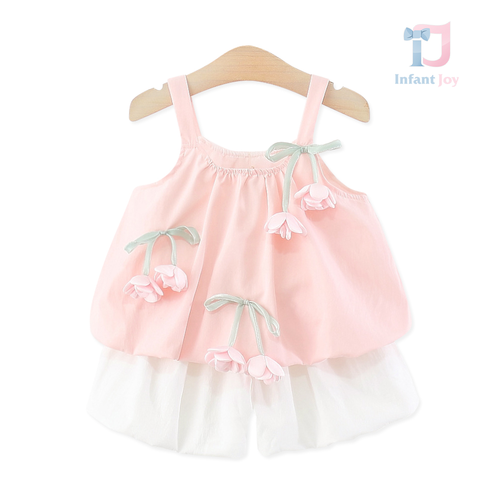 Set de 2 piese din top cu bretele subțiri, flori 3D și pantaloni scurți Elegant Flowers Pink