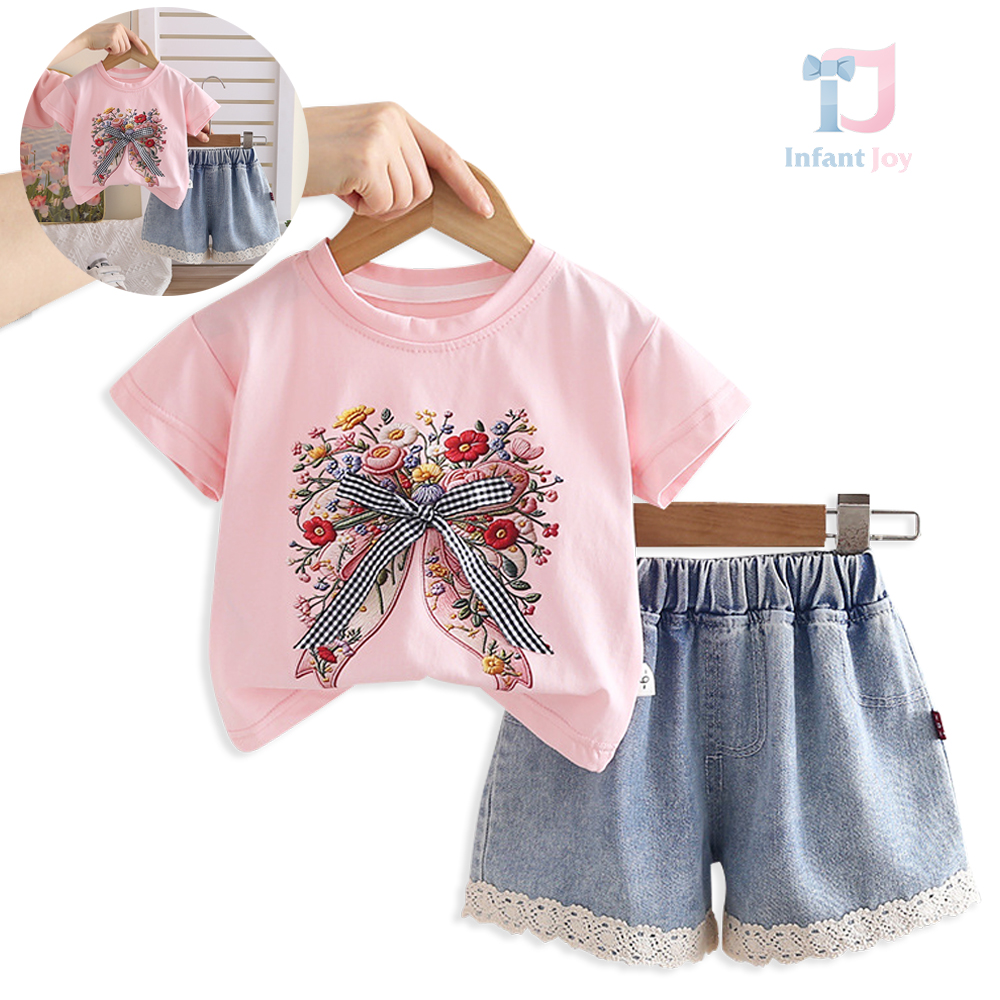 Set de 2 piese din tricou cu imprimeu efect, fundă 3D și pantaloni scurți din denim cu dantelă Floral Poem