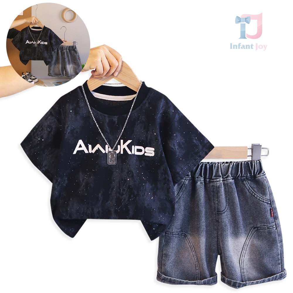 Set de 3 piese din tricou cu design atractiv, pantaloni scurți din denim și pandantiv Galaxy Kids