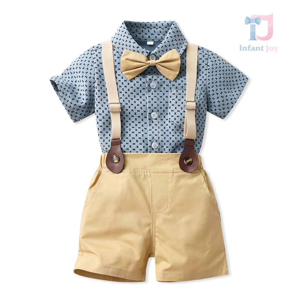Set elegant de 4 piese din cămașă cu guler clasic, pantaloni scurți, papion detașabil și bretele reglabile Gentleman Moss
