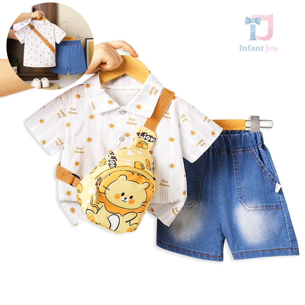 Set de 3 piese din cămașă cu guler clasic, pantaloni scurți din denim și borsetă pentru umăr Happy Lion