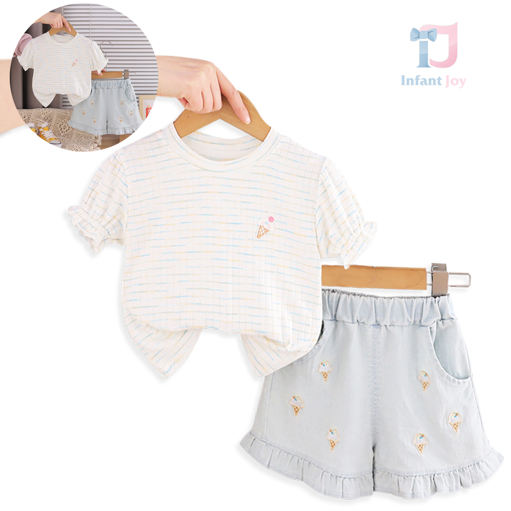 Set de 2 piese din tricou cu mâneci moderne și pantaloni scurți din denim cu volane și broderii Mini Ice Cream