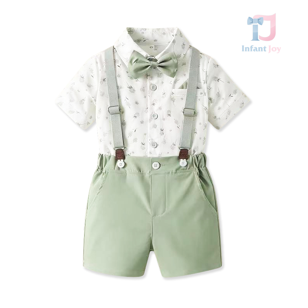 Set elegant de 4 piese din cămașă cu guler clasic, pantaloni scurți, papion detașabil și bretele Mint Royale