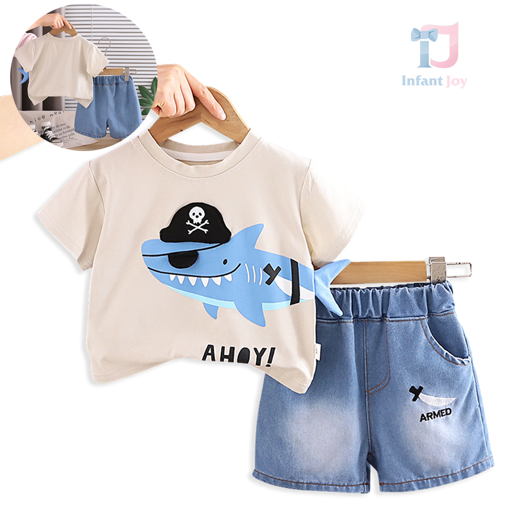 Set de 2 piese din tricou cu design imprimat și pantaloni scurți din denim Mistery Shark