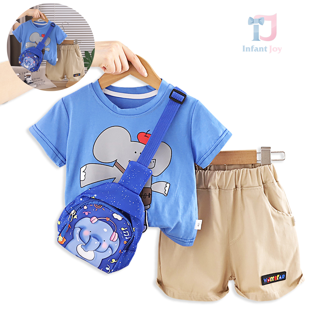 Set de 3 piese din tricou cu imprimeu, pantaloni scurți și borsetă pentru umăr Music Elephant Blue