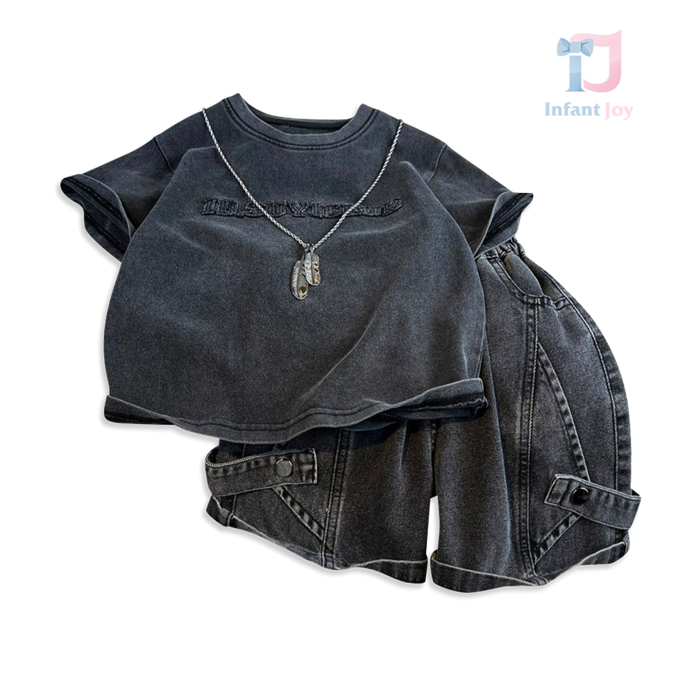 Set modern de 3 piese din tricou, pantaloni scurți din denim și lănțișor Obsidian Kid