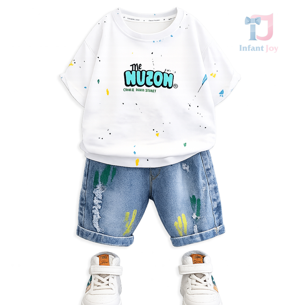 Set modern de 2 piese din tricou cu imprimeu și pantaloni scurți din denim Paintball