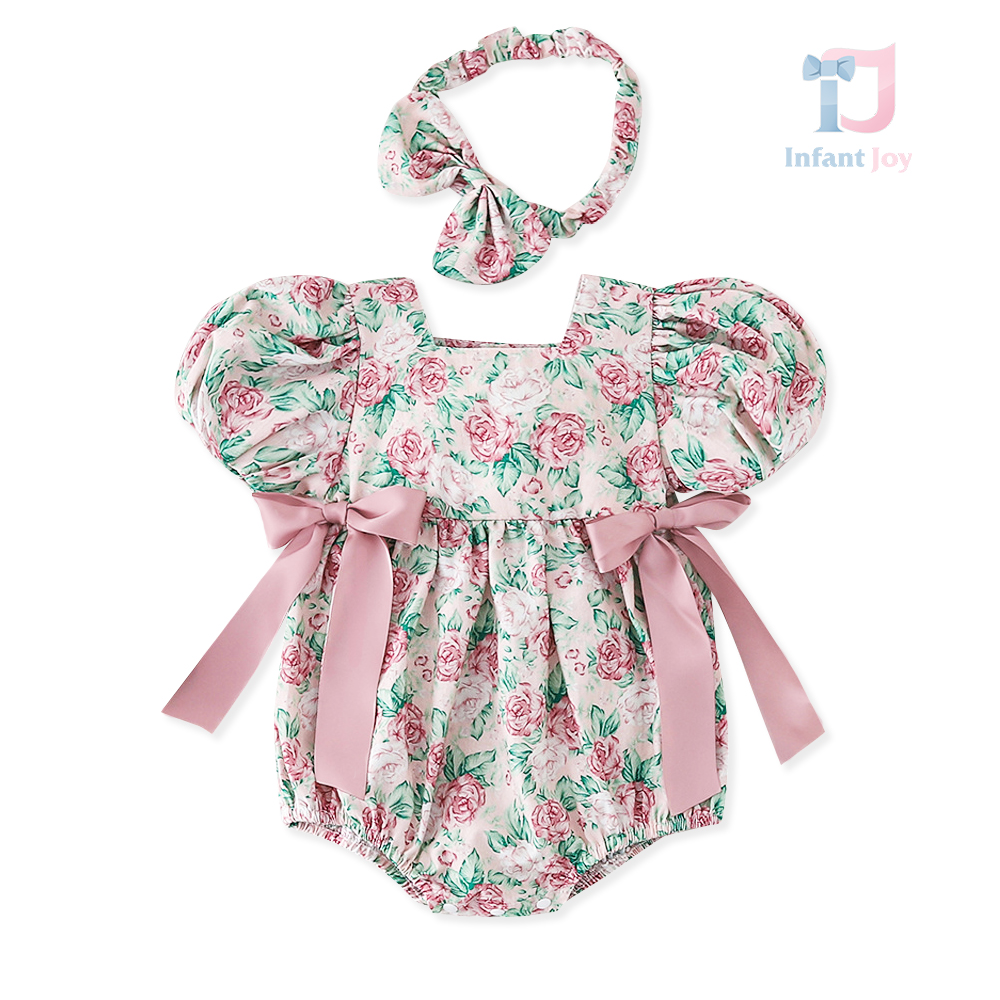 Set de 3 piese din body cu mâneci bufante, design floral, fundițe 3D și bentiță pentru cap Pink Sonata