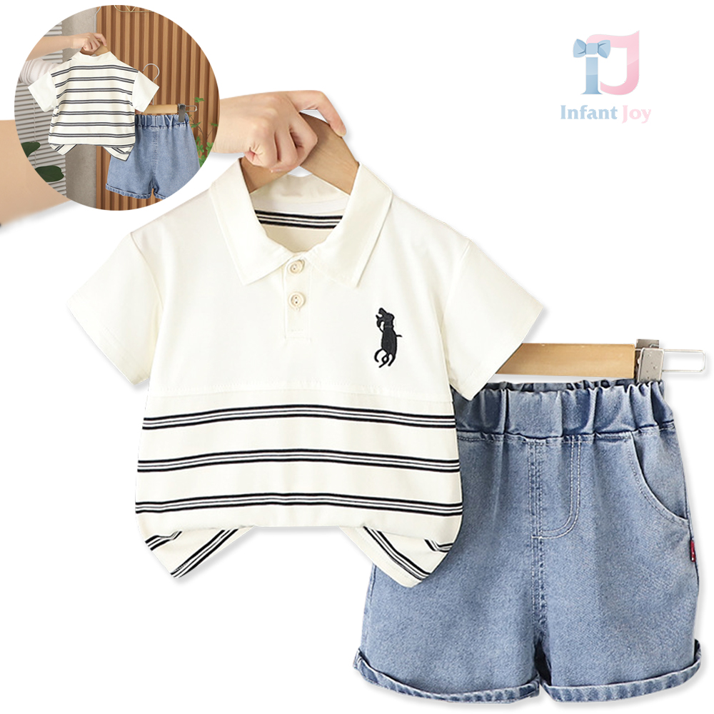 Set de 2 piese din tricou cu guler clasic, broderie și pantaloni scurți din denim Prestige Polo