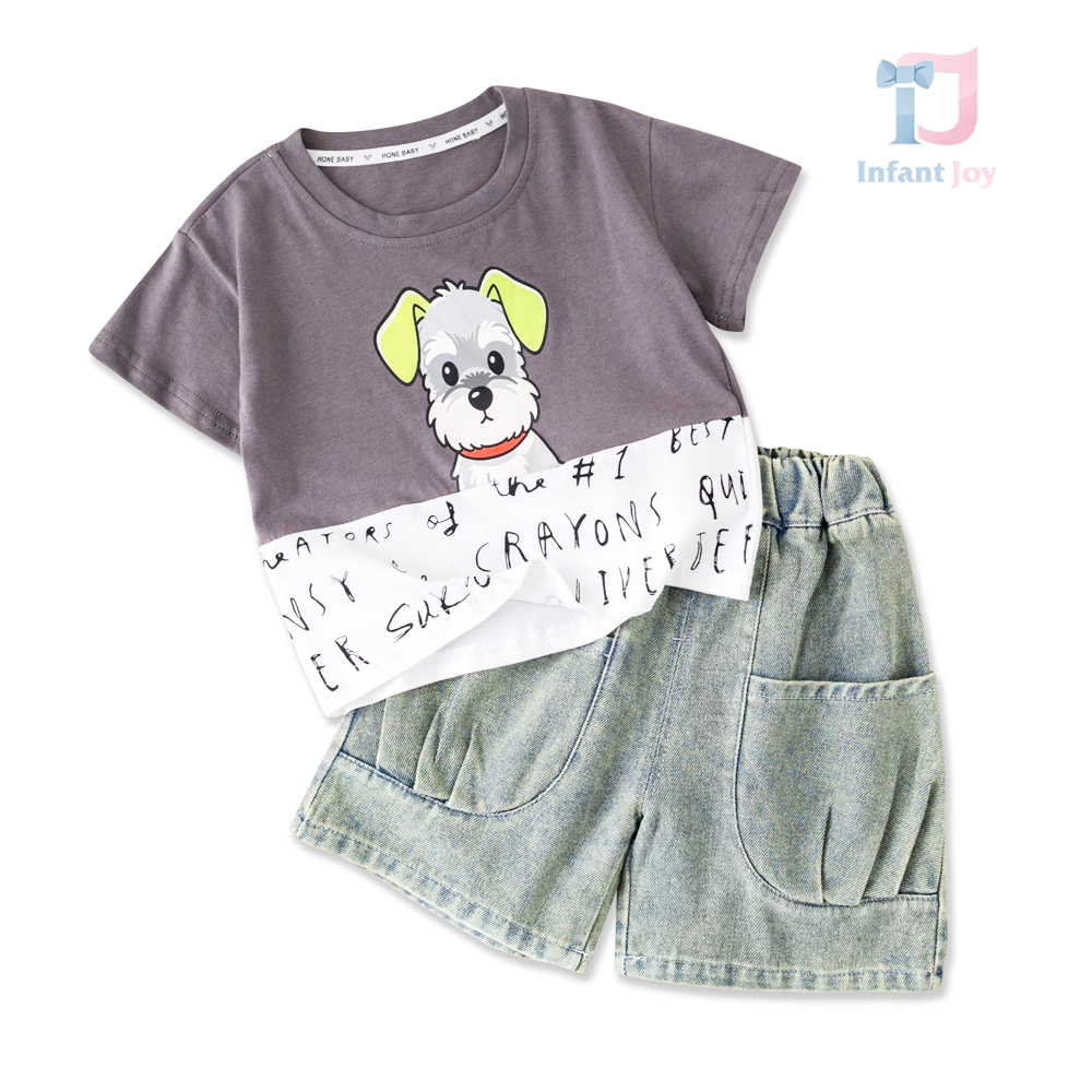 Set de 2 piese din tricou cu model imprimat și pantaloni scurți din denim Sketchy Doggo
