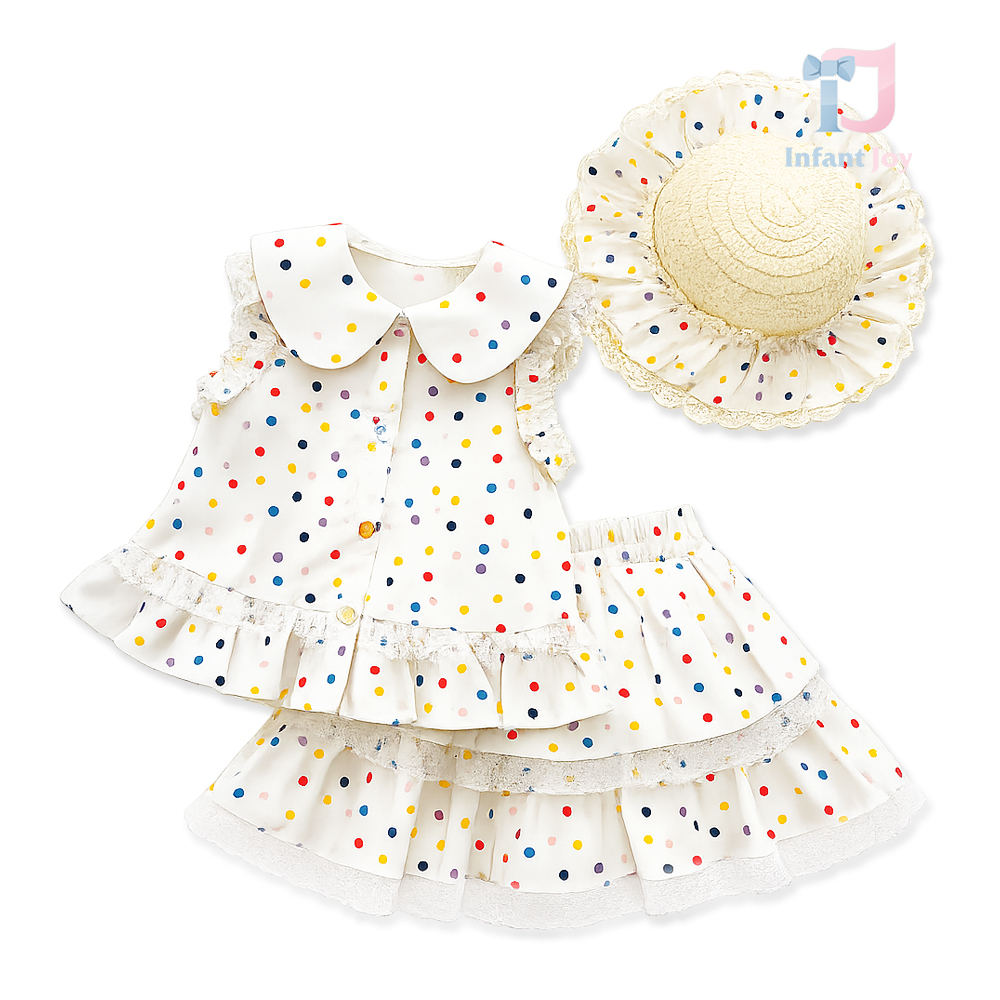 Set de 3 piese din top cu guler, fustă plisată cu dantelă și pălărie asortată Elegant Dots