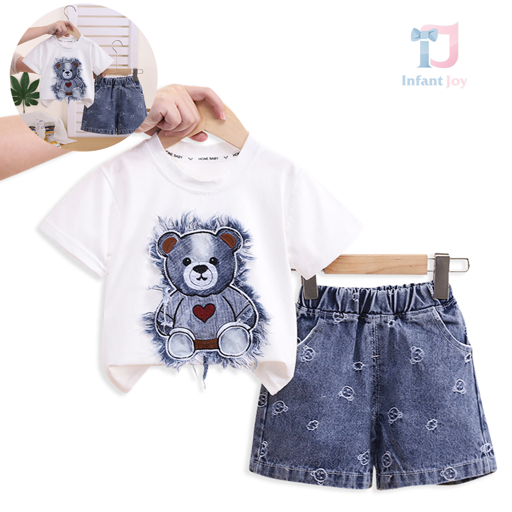 Set de 2 piese din tricou cu aplicație modernă și pantaloni scurți din denim cu broderii Drizzle Bear