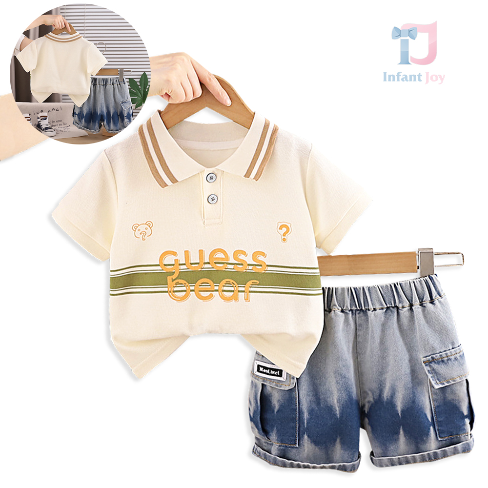 Set de 2 piese din tricou cu guler clasic și pantaloni scurți din denim cu efect batik GB Bear Vanilla