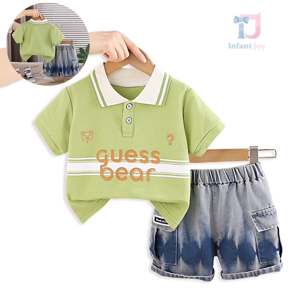 Set de 2 piese din tricou cu guler clasic și pantaloni scurți din denim cu efect batik GB Bear