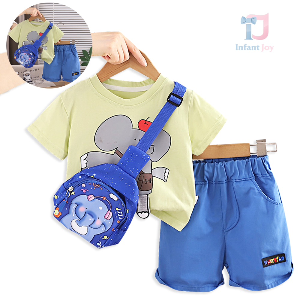 Set de 3 piese din tricou cu imprimeu, pantaloni scurți și borsetă pentru umăr Music Elephant