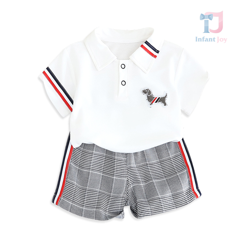 Set de 2 piese din tricou cu guler clasic, aplicație și pantaloni scurți în carouri Modern Pup