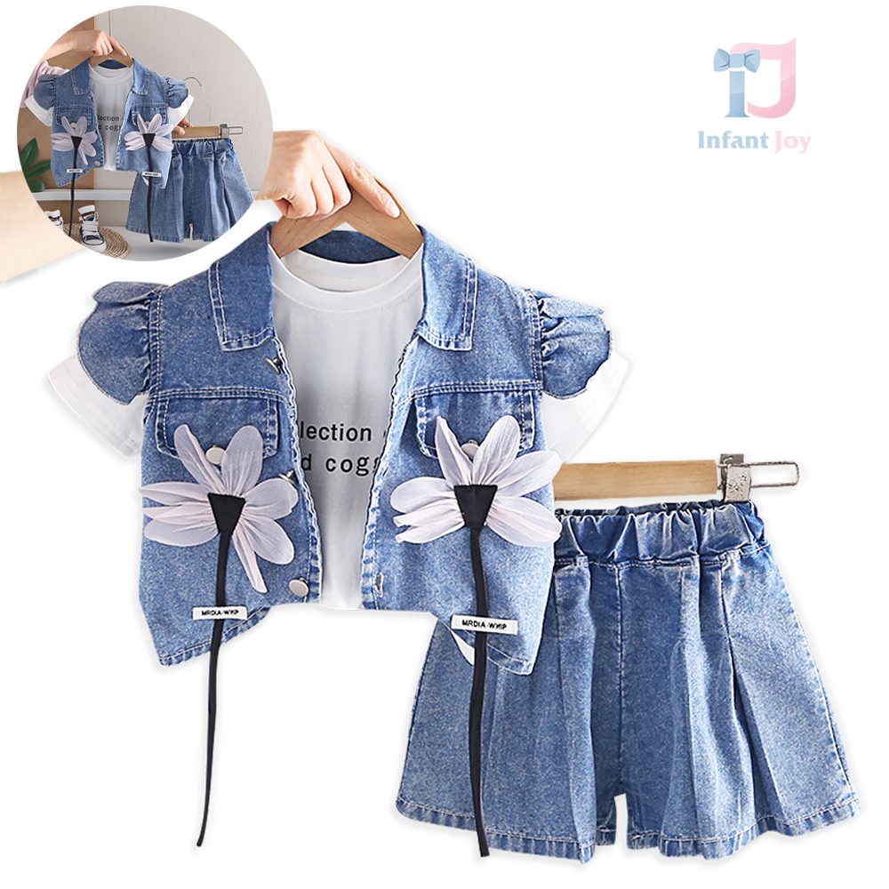 Set de 3 piese din denim cu cămașă cu mânecă scurtă și elemente 3D extravagante, tricou și pantaloni Denim Magnolia