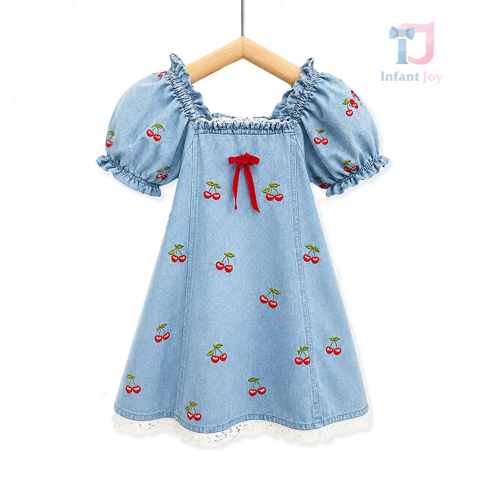 Rochie din denim cu mânecă bufantă, dantelă și imprimeu Summer Cherry