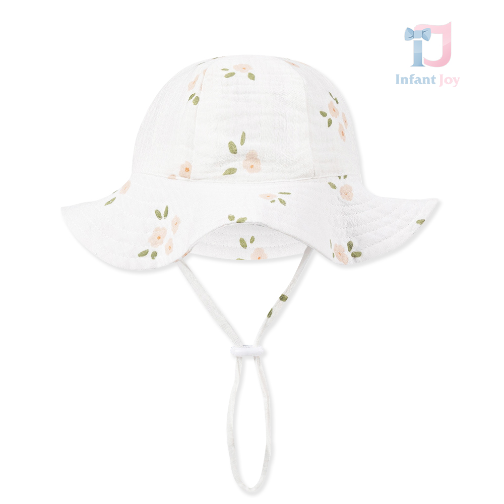Pălărie din muselină cu bor, șnur și imprimeu floral Summer Florwers White