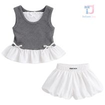 Set de 2 piese extravagant din top cu volane, funde 3D și fustă/pantaloni Willow Grey