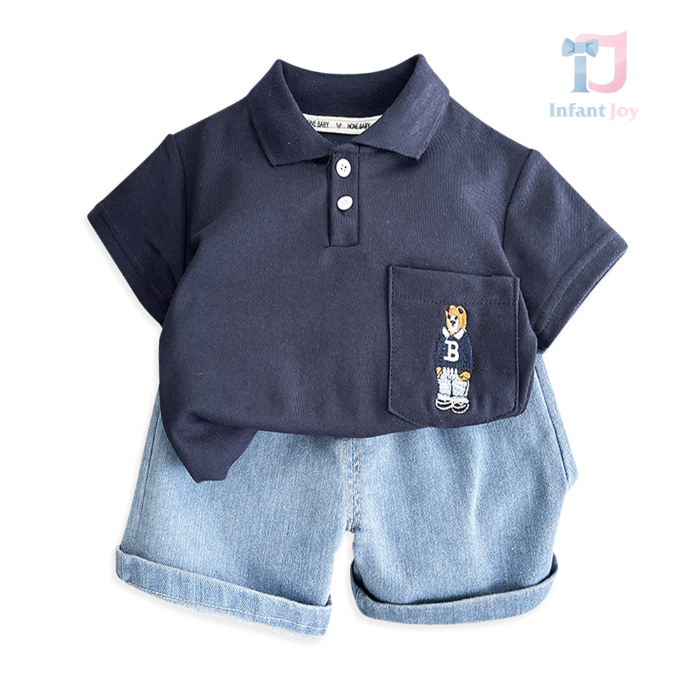 Set de 2 piese tricou cu guler clasic, broderie și pantaloni scurți din denim Bearcrest Navy