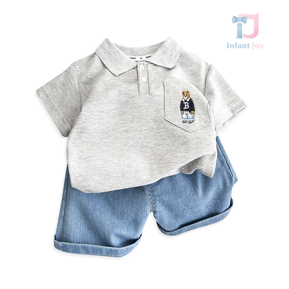 Set de 2 piese tricou cu guler clasic, broderie și pantaloni scurți din denim Bearcrest