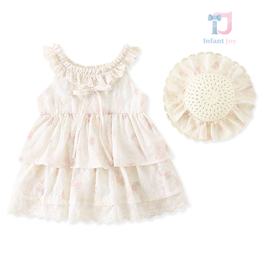 Set de 2 piese rochie romantică cu dantelă, voaluri și pălărie Belle Fleur