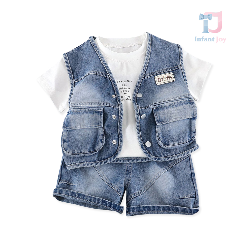 Set de 3 piese din denim cu vestă cu guler clasic, tricou și pantaloni scurți Denim MM Blue