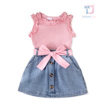 Set de 3 piese top din rib cu volane, fustă din denim și curea decorativă Éclair Rose