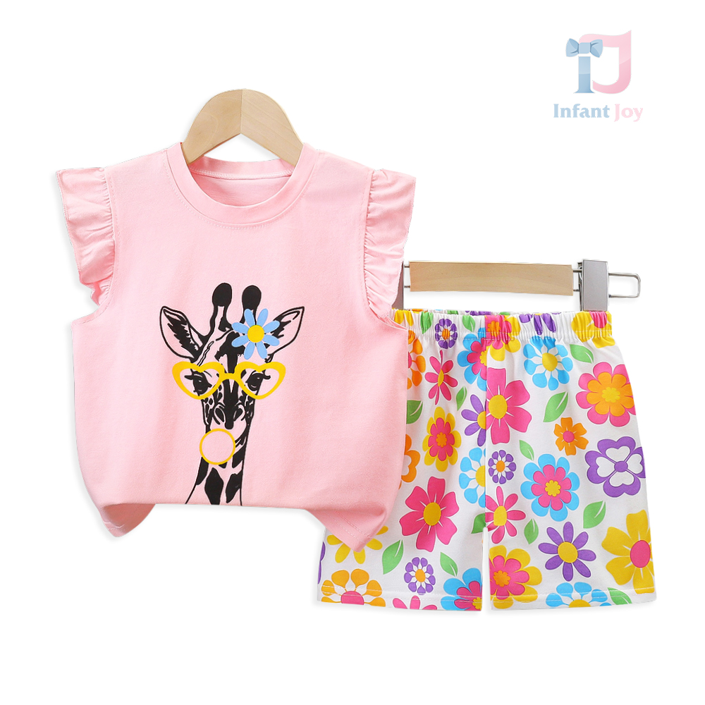 Set de 2 piese top cu imprimeu, volane și pantaloni scurți cu model Magic Giraffe