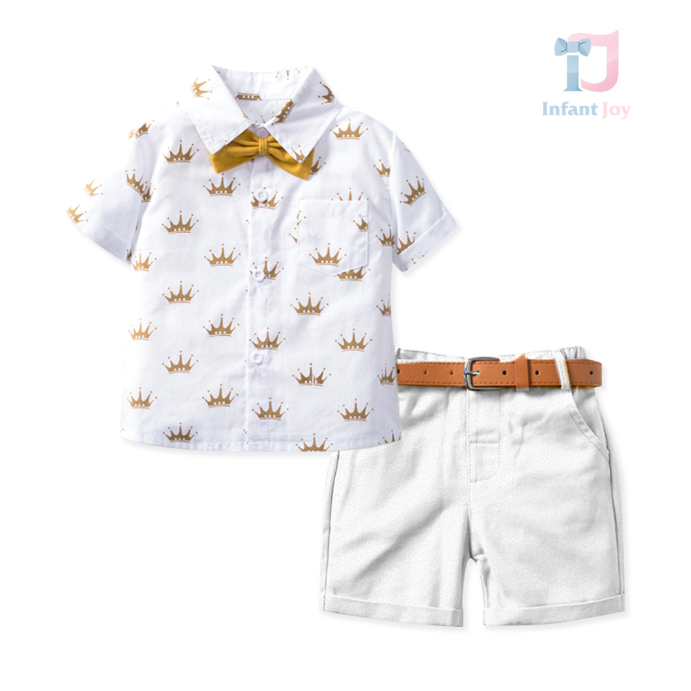 Set de 4 piese oficial din cămașă cu imprimeu cu guler clasic, pantaloni scurți, curea și papion detașabil Golden Heir White