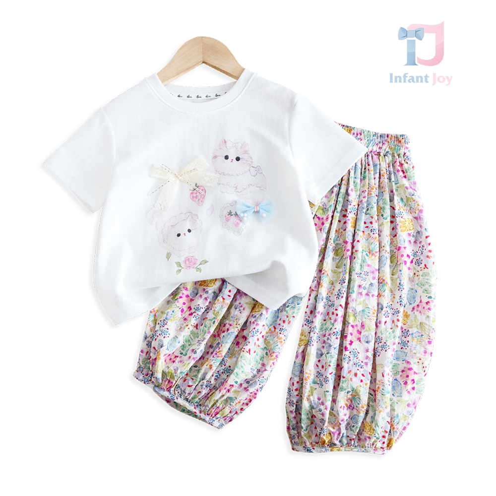 Set de 2 piese tricou cu imprimeu, elemente 3D și pantaloni multicolori Kitty