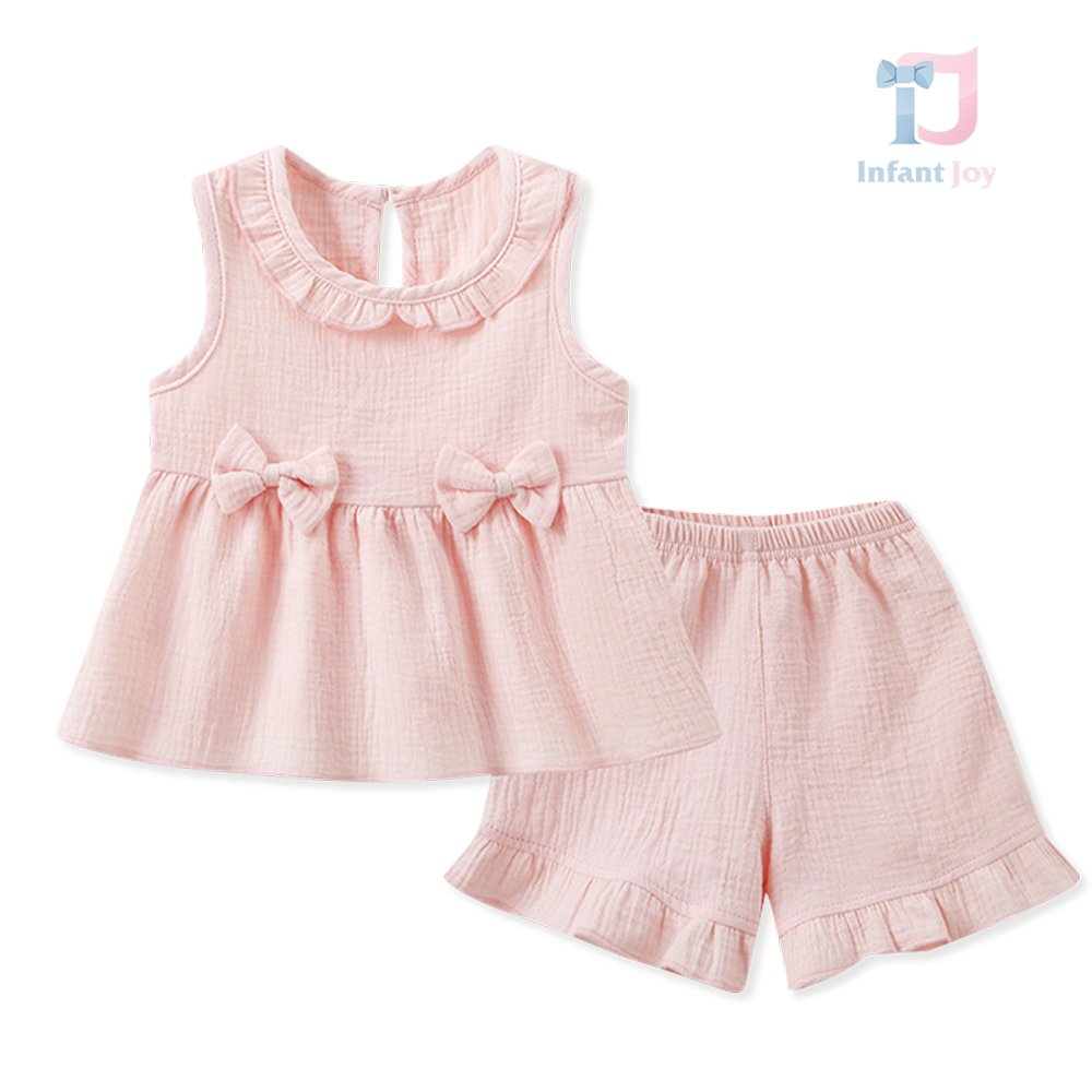 Set de 2 piese din muselină cu top cu volane, funde și pantaloni scurți Pink Harmony