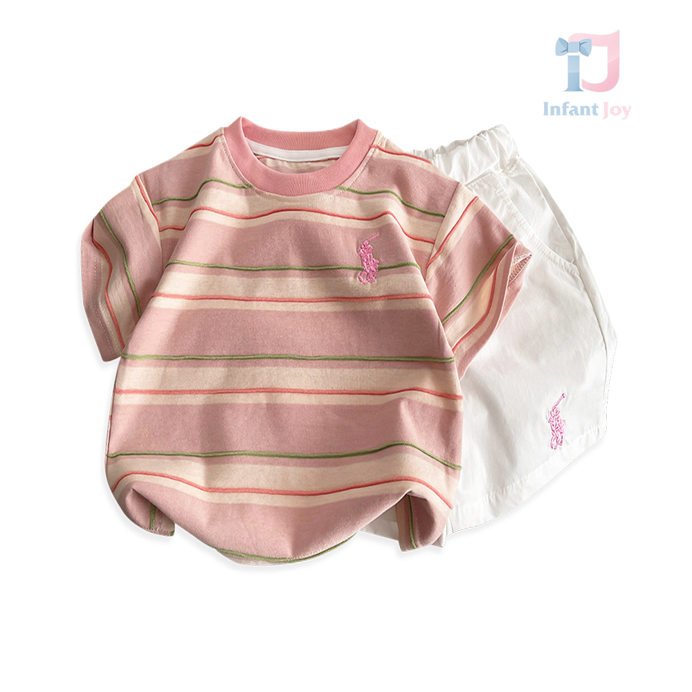 Set de 2 piese tricou în dungi și pantaloni scurți cu broderii Rider Pink