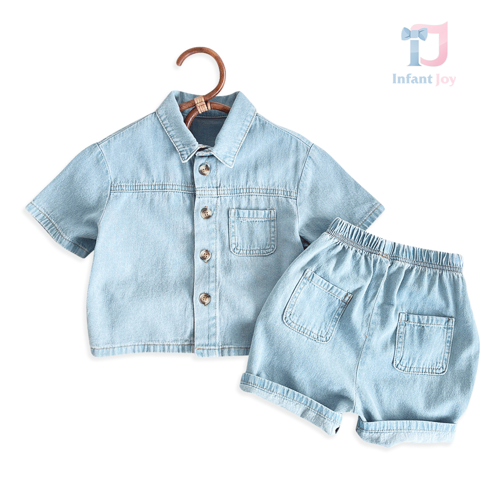 Set de 2 piese din denim cămașă cu guler clasic și pantaloni scurți Skybound