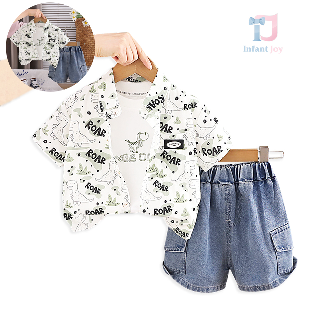 Set de 3 piese cămașă cu imprimeu cu guler clasic, top și pantaloni scurți din denim Summer Roar