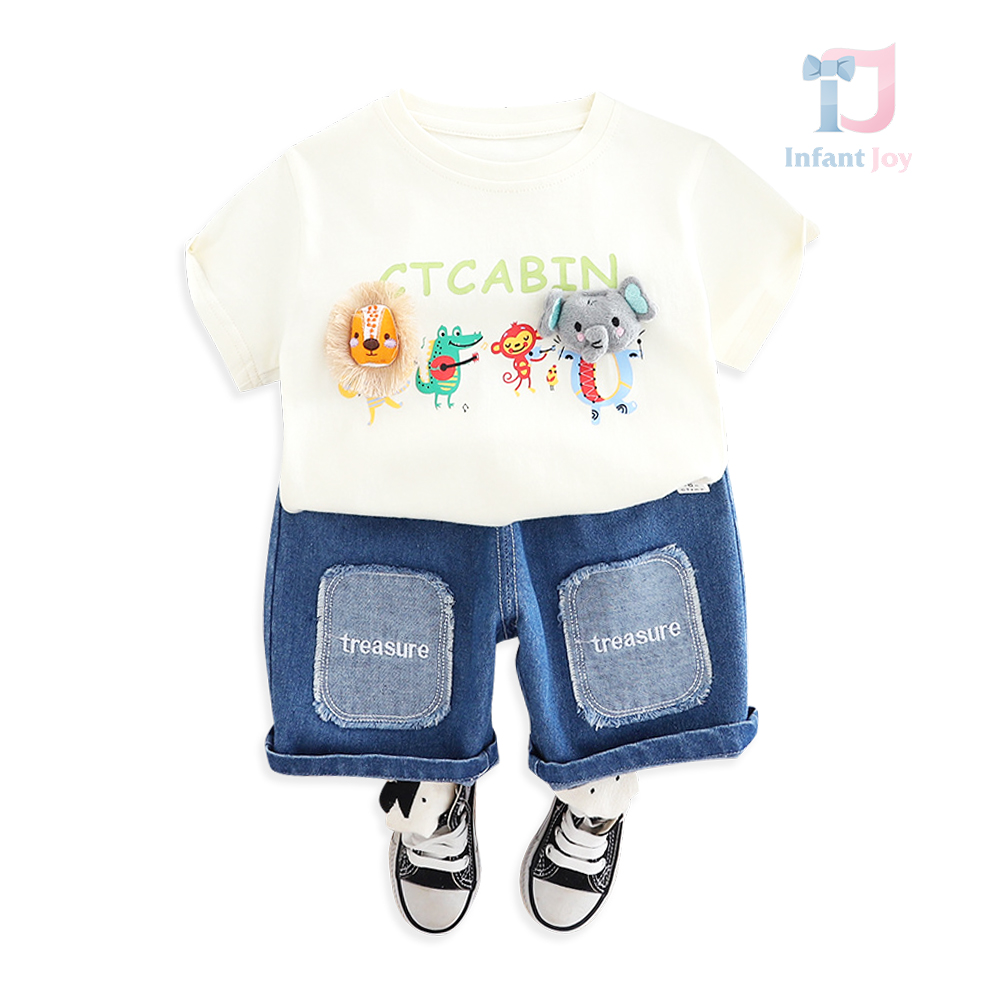 Set de 2 piese tricou cu elemente 3D și pantaloni scurți din denim Treasure Animales White